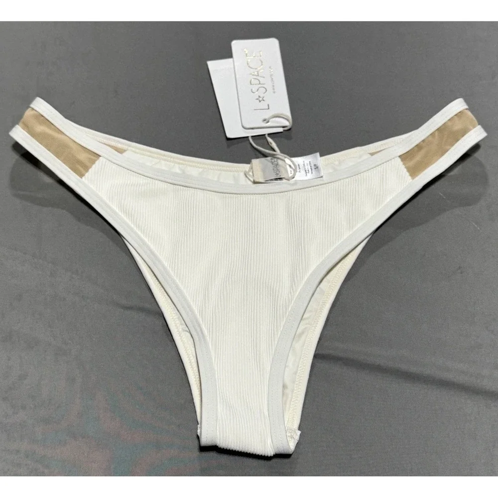 L*Space Troy Bitsy Bikini Bottom S Cream Ribbed High Cut NWT